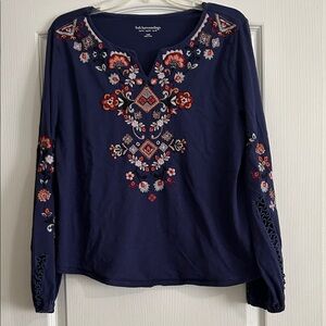 Soft Surroundings Blue Floral Embroidered Blouse